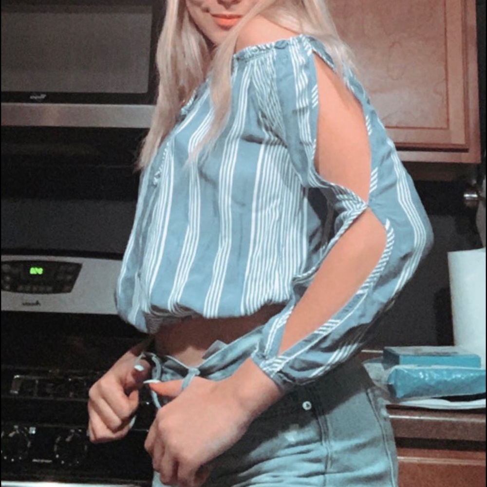 Blue and white striped off the shoulder top